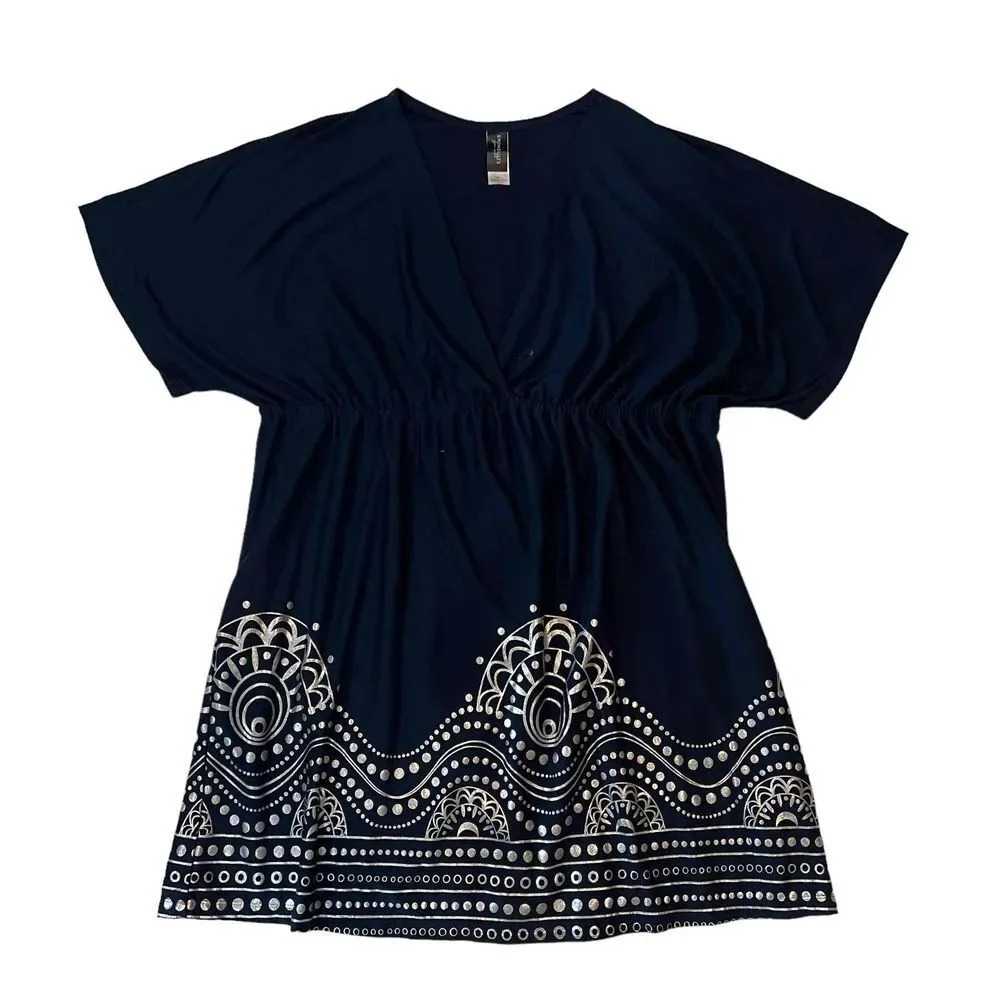 Swimsuits For All Women's Navy & Silver V-Neck Dress w/ Details Cover-up Size 26